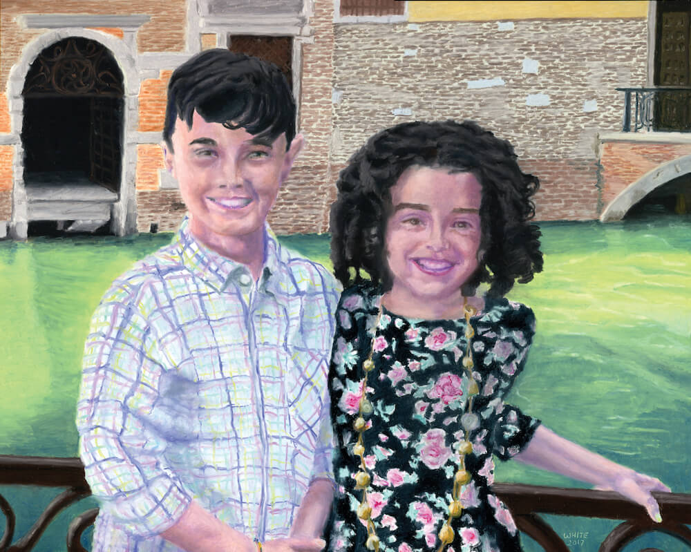Pastel portrait painting of two child in front of a river on vacation