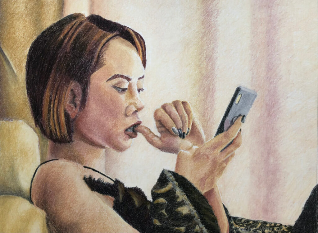 Portrait drawing of woman on phone