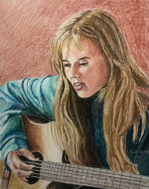 Pastel pencil portrait of young woman playing guitar