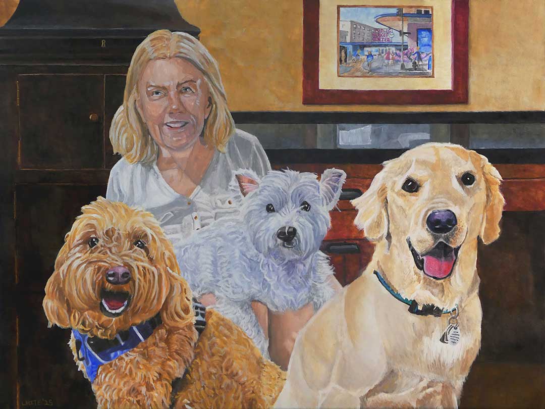 Portrait painting of a woman with her 3 dogs by portrait artist Dominic White