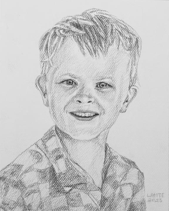 Black and white portrait drawing of a young boy in a checkered shirt with no background.