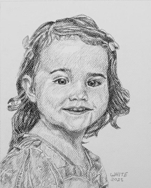 Black and white pastel portrait drawing of a young girl with no background.