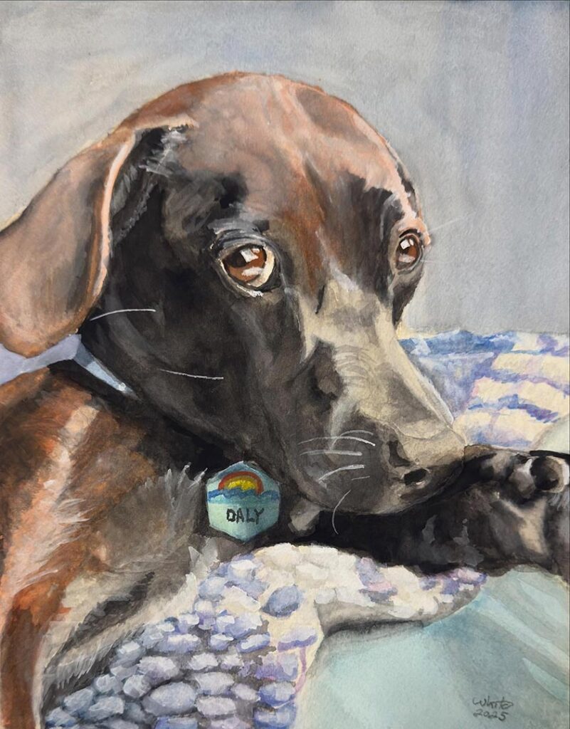 Dog portrait painting of dog on a blanket.