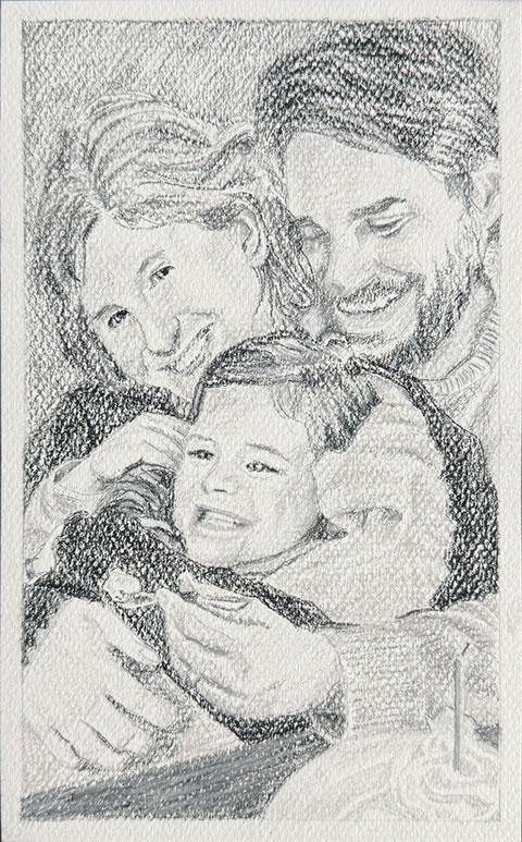 Wholesome family portrait drawing of a husband wrapping his arms around his wife and daughter while feeding his daughter ice cream.