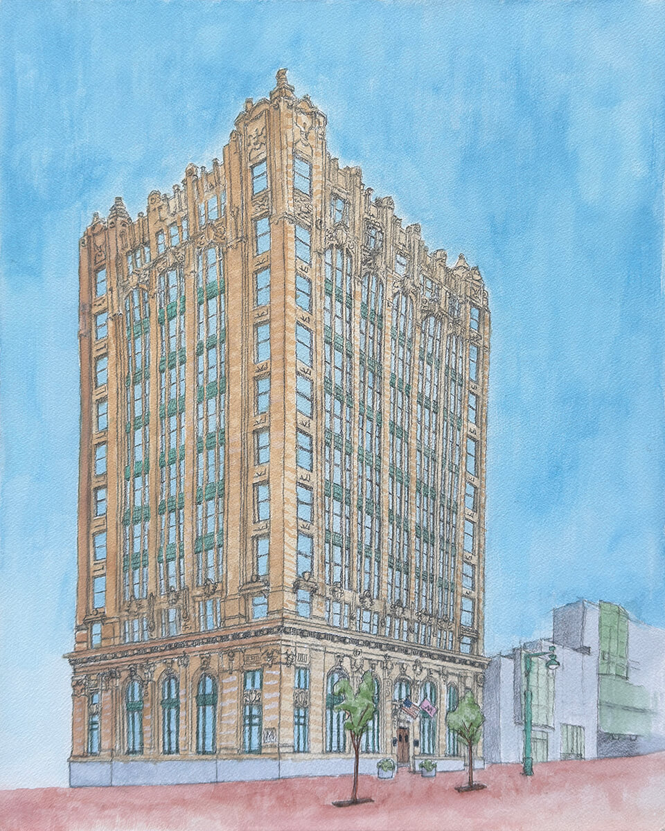 Graphite and watercolor painting of Monument Hotel building in Portland, Maine.