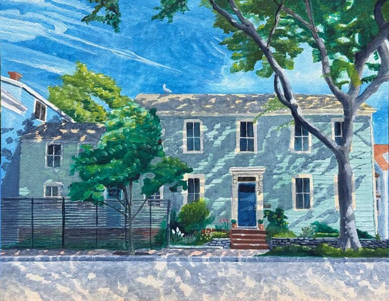 Painting of a house covered with dappled shadows of trees.